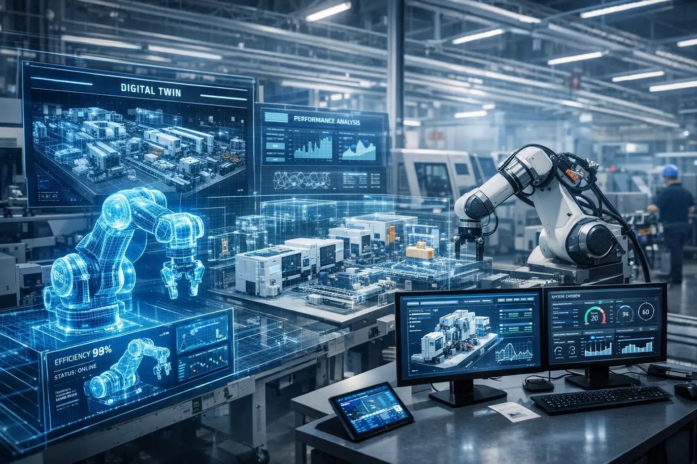 Visualisierung einer digitalen Produktionsumgebung mit Datenströmen und digitalem Zwilling in der Fertigung