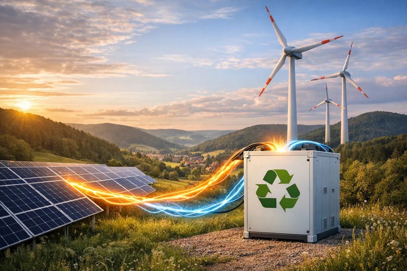 Solar-Panels und Windkraft-Anlagen speisen einen Batteriespeicher vor einem Mittelgebirgskulisse