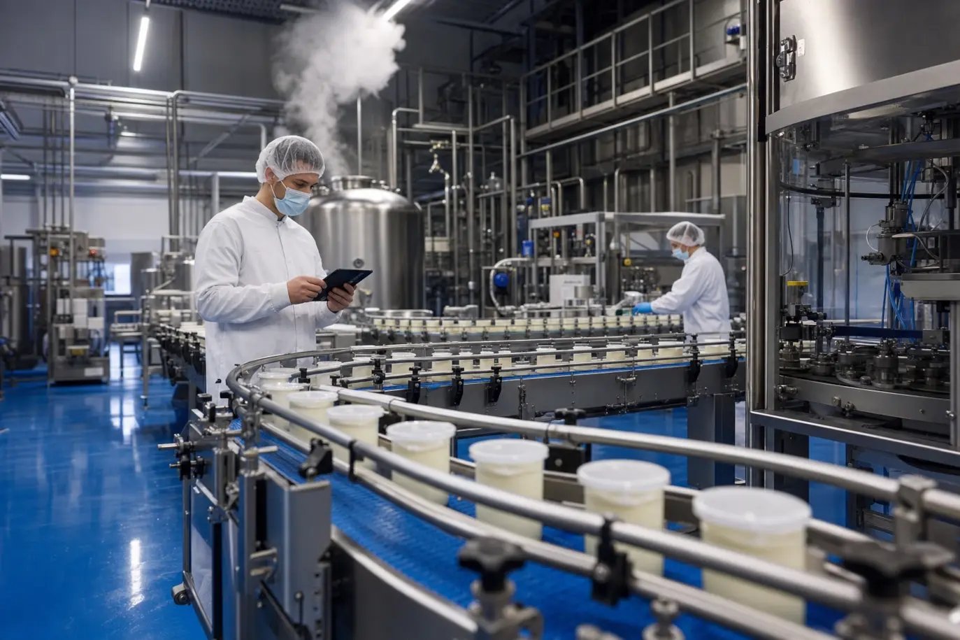 Mitarbeiter mit weißen Schutzanzügen in einer Produktionsstraße für Lebensmittel.