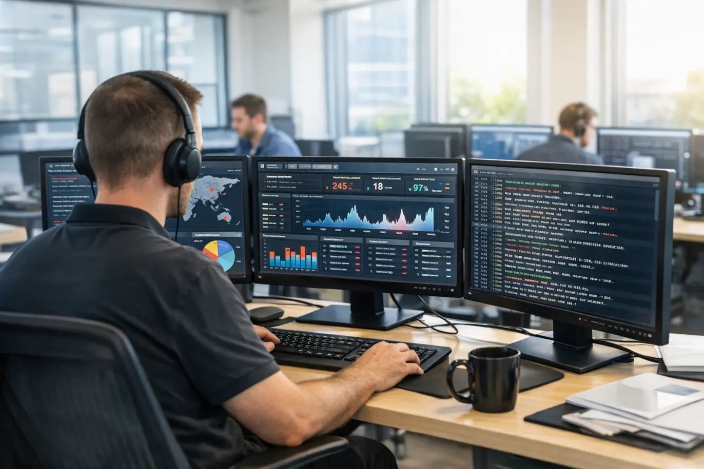 Ein IT-Administrator vor drei Bildschirmen beim Überwachen eines SIEM in einen Licht durchfluteten Büro.