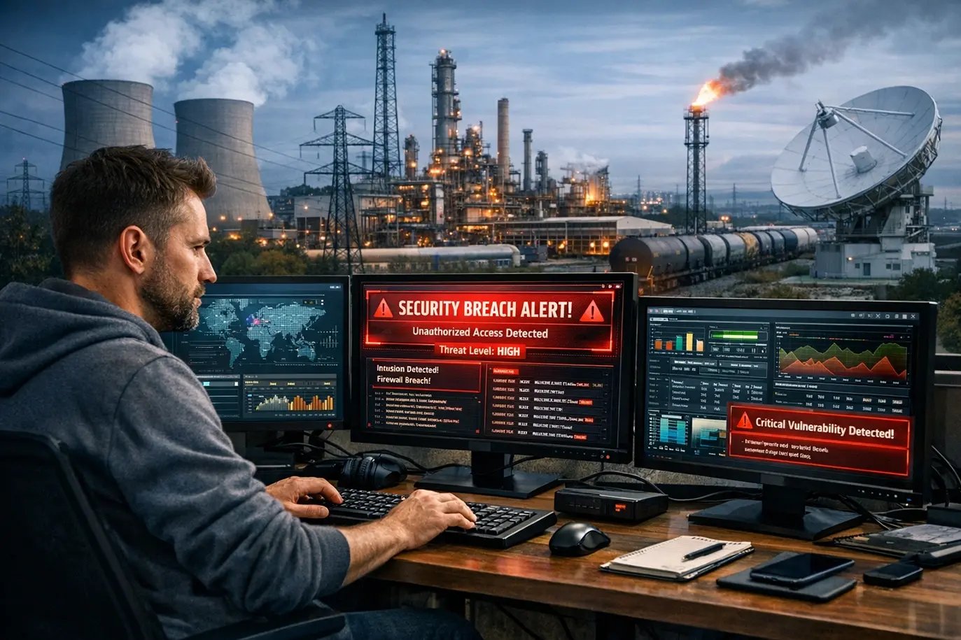 Ein IT-Security-Freelancer bemerkt einen Sicherheitsvorfall. Im Hintergrund sind verschiedene Industriebauten zu sehen.