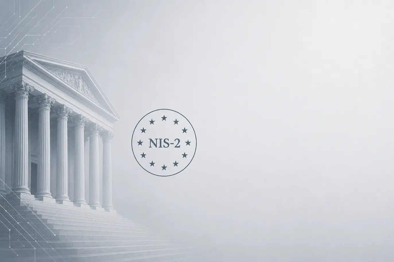 Der Schriftzug NIS-2 umringt von Sternen vor einem griechischen Tempel und einem grauen Hintergrund.
