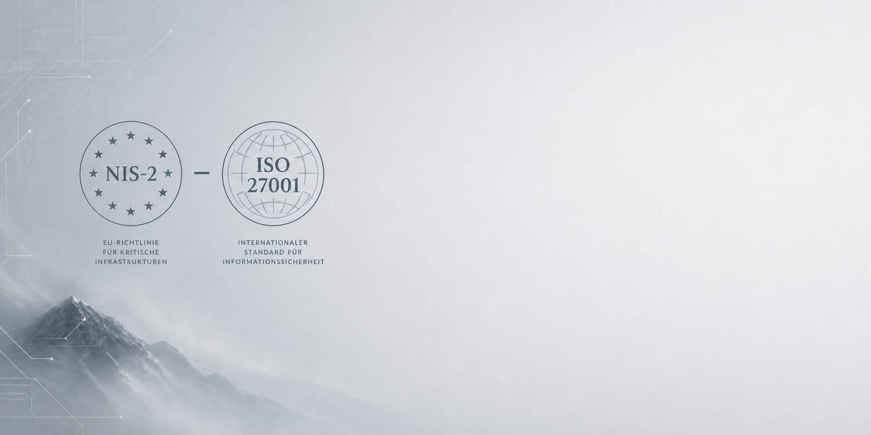 Symbole für NIS-2 und ISO 27001 vor in Grautönen gehaltener Berg-Szene