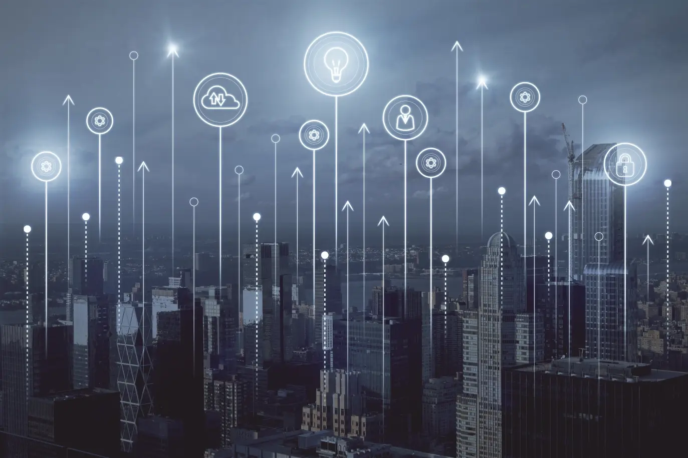 Abstrakte Stadt in Tech-Optik mit Symbolen. 