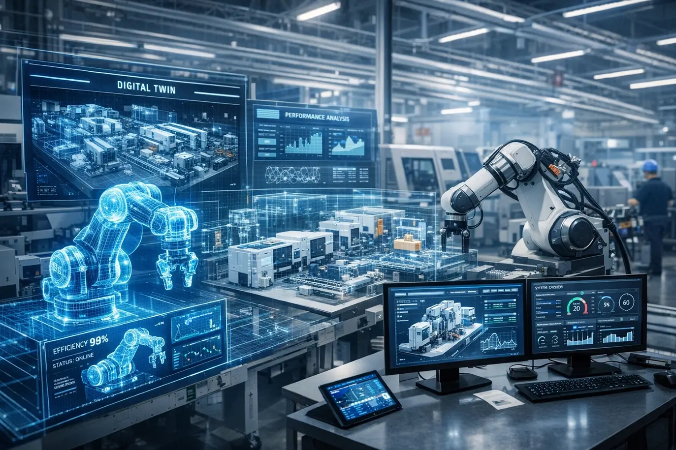 Visualisierung einer digitalen Produktionsumgebung mit Datenströmen und digitalem Zwilling in der Fertigung