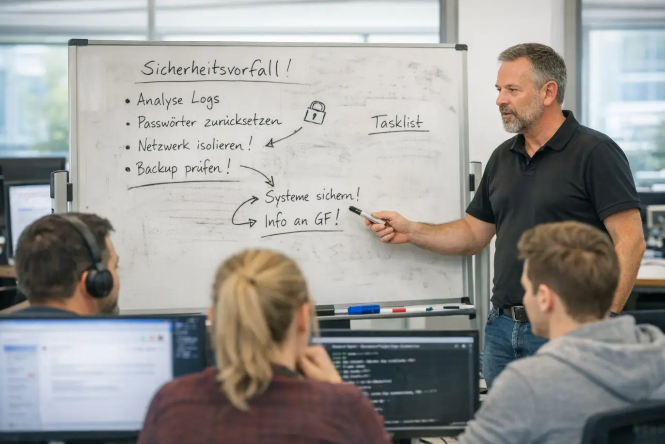 Ein IT-Manager instruiert sein Team an einem Whiteboard nach einem Sicherheitsvorfall was zu tun ist.
