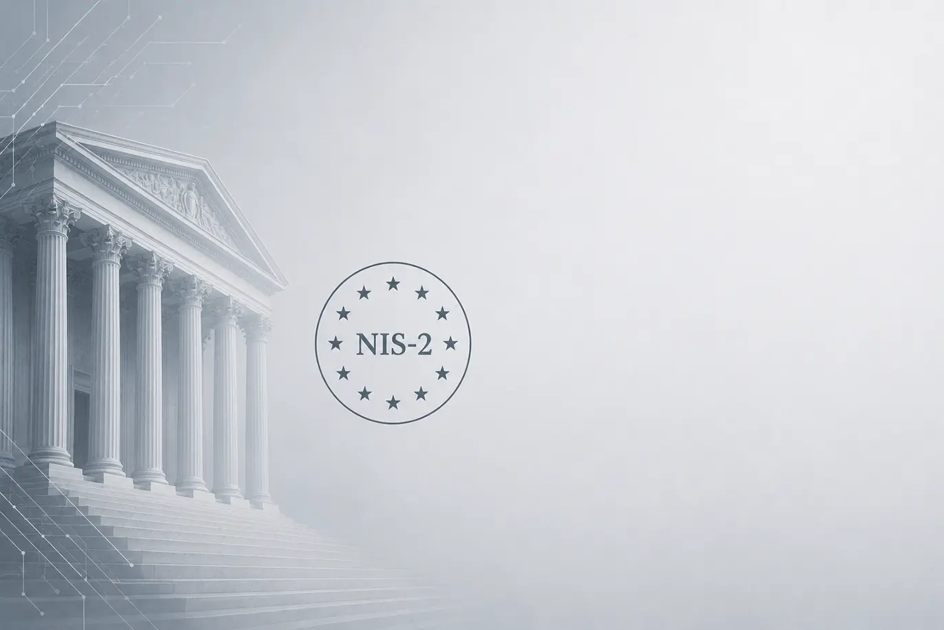 Der Schriftzug NIS-2 umringt von Sternen vor einem griechischen Tempel und einem grauen Hintergrund.